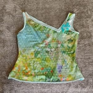 Y2K Linda Segal Asymmetric Neckline Floral Watercolor Top